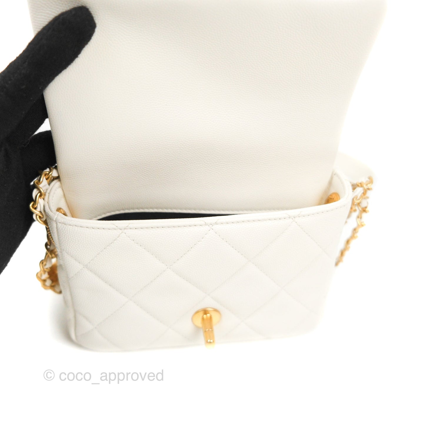 Chanel Mini Flap with Coin Charm White Caviar Aged Gold Hardware 22A