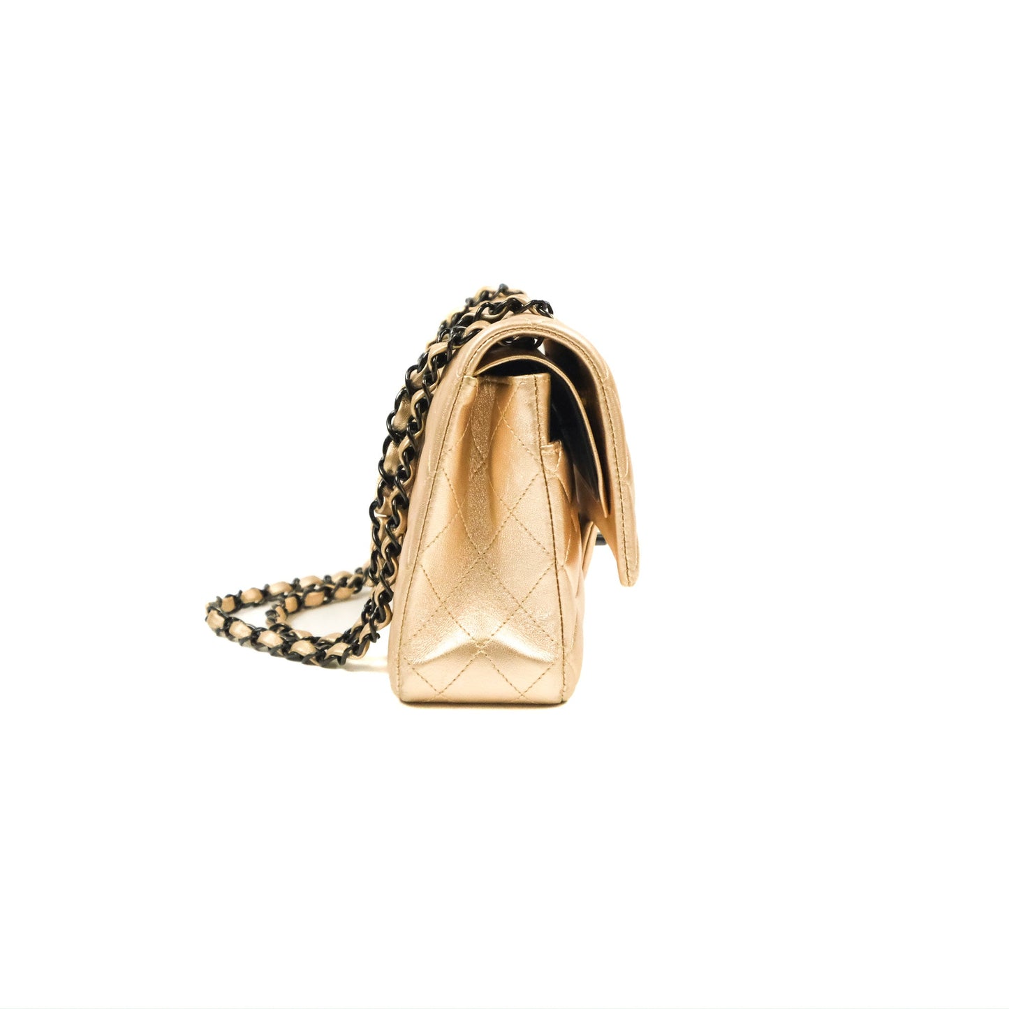Chanel Classic M/L Medium Flap Quilted Metallic Gold Lambskin Gun Metal