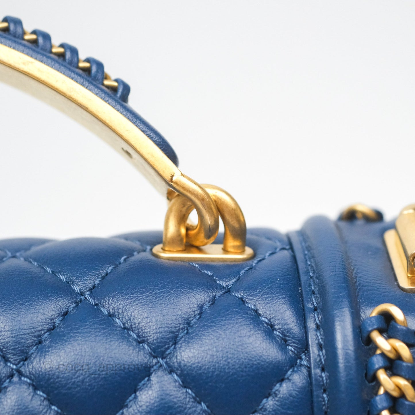 Chanel Quilted Medium Boy With Handle Dark Blue Calfskin Aged Gold Hardware