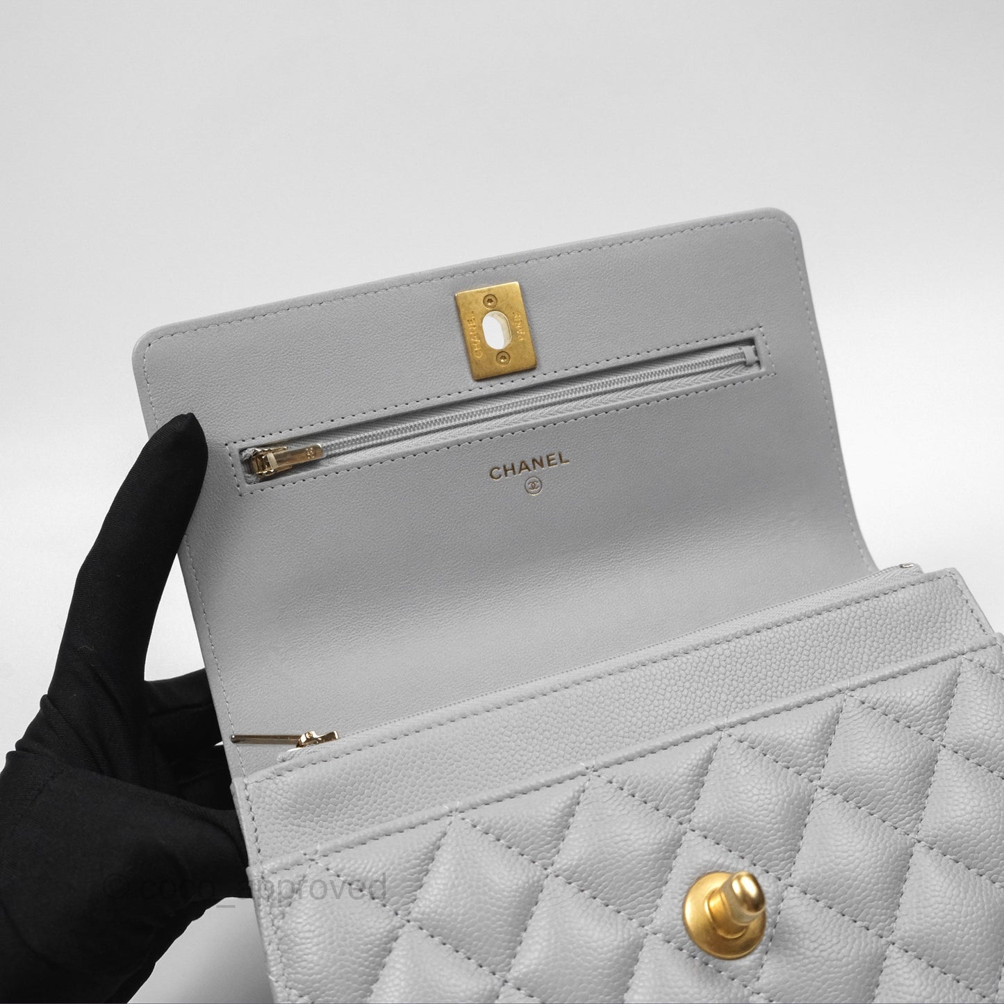 Chanel Heart Adjustable Chain WOC Grey Caviar Aged Gold Hardware