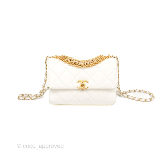 Chanel Crystal Logo Handle Flap Bag White Lambskin 22S