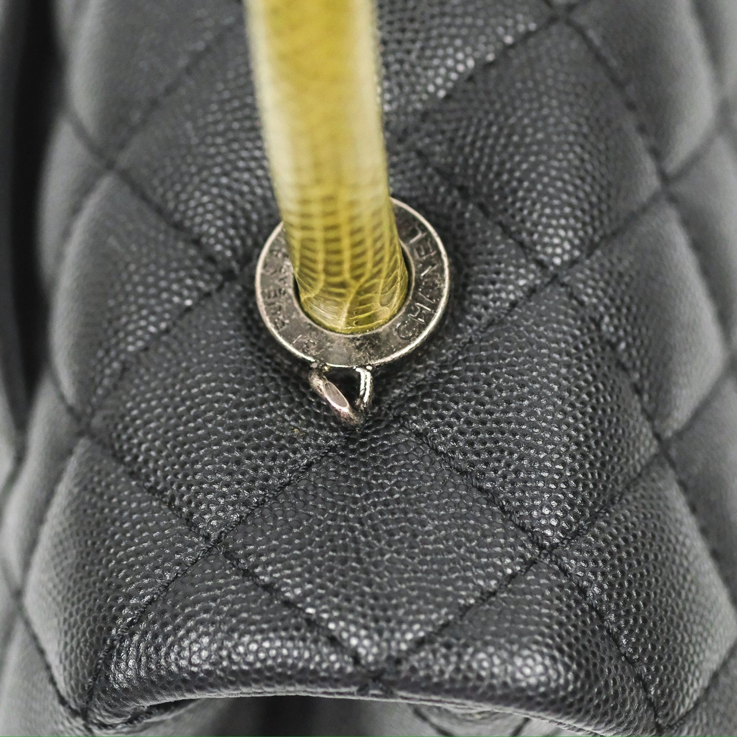 Chanel Small Coco Handle Quilted Black Caviar Ruthenium Hardware Olive Lizard Handle