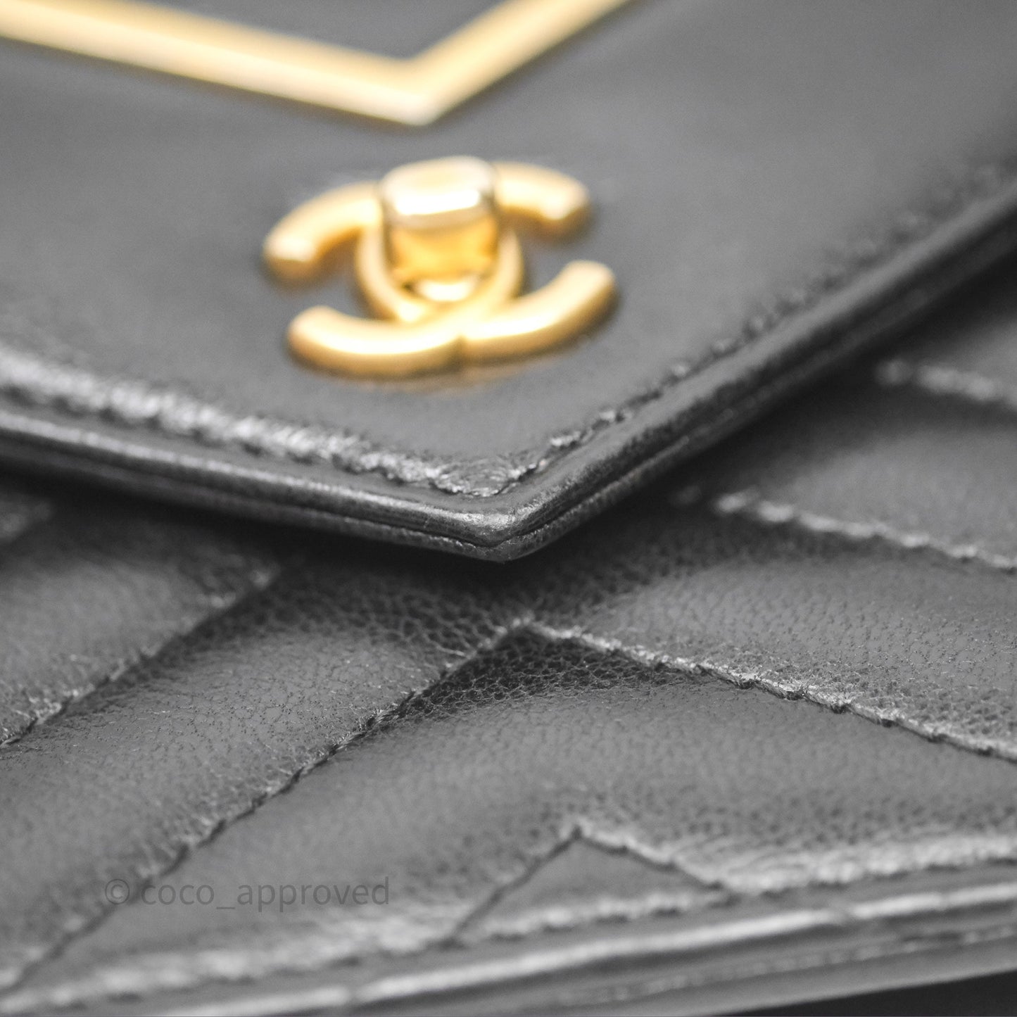 Chanel Reversed Chevron Wallet On Chain WOC Black Lambskin Aged Gold Hardware