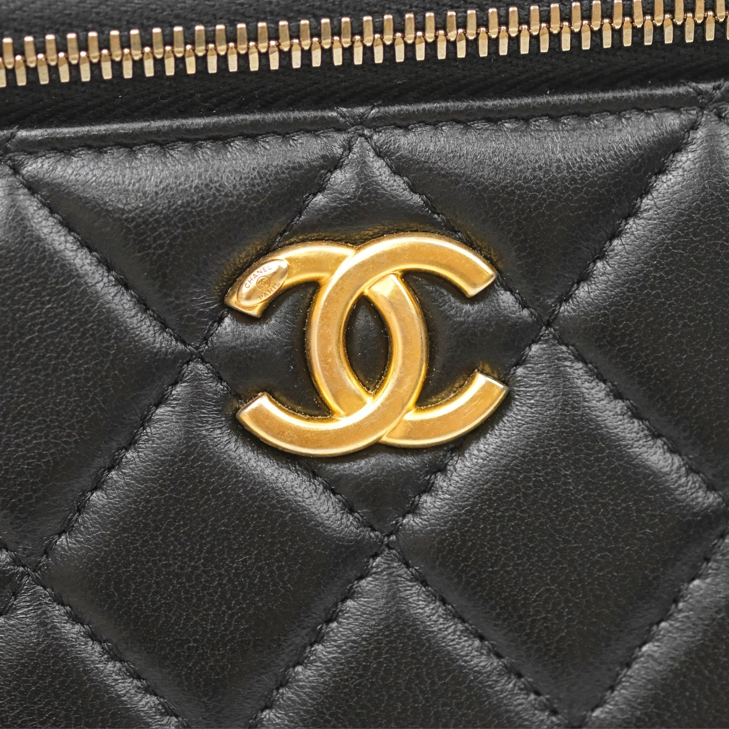 Chanel Vanity Rectangular with Top Handle Black Lambskin Aged Gold Hardware