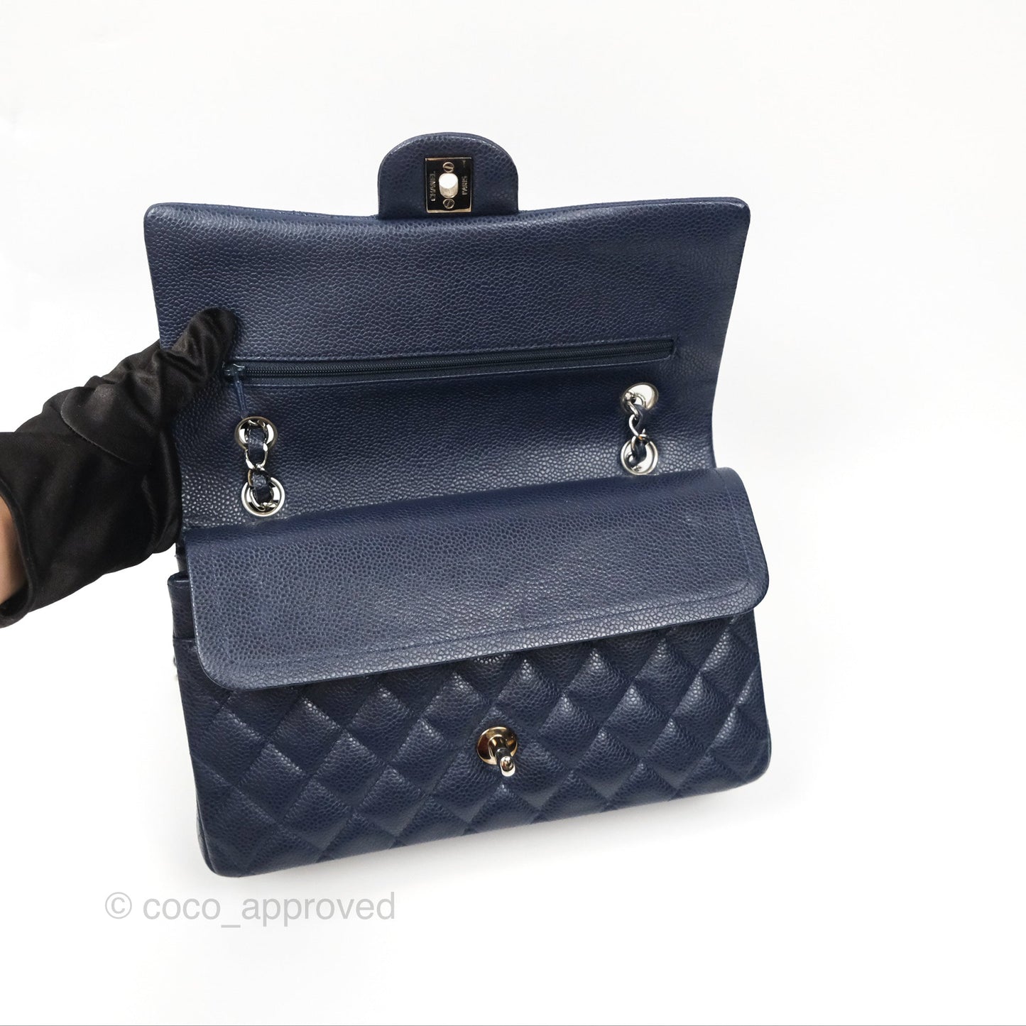 Chanel Classic M/L Medium Flap Quilted Navy Caviar Silver Hardware