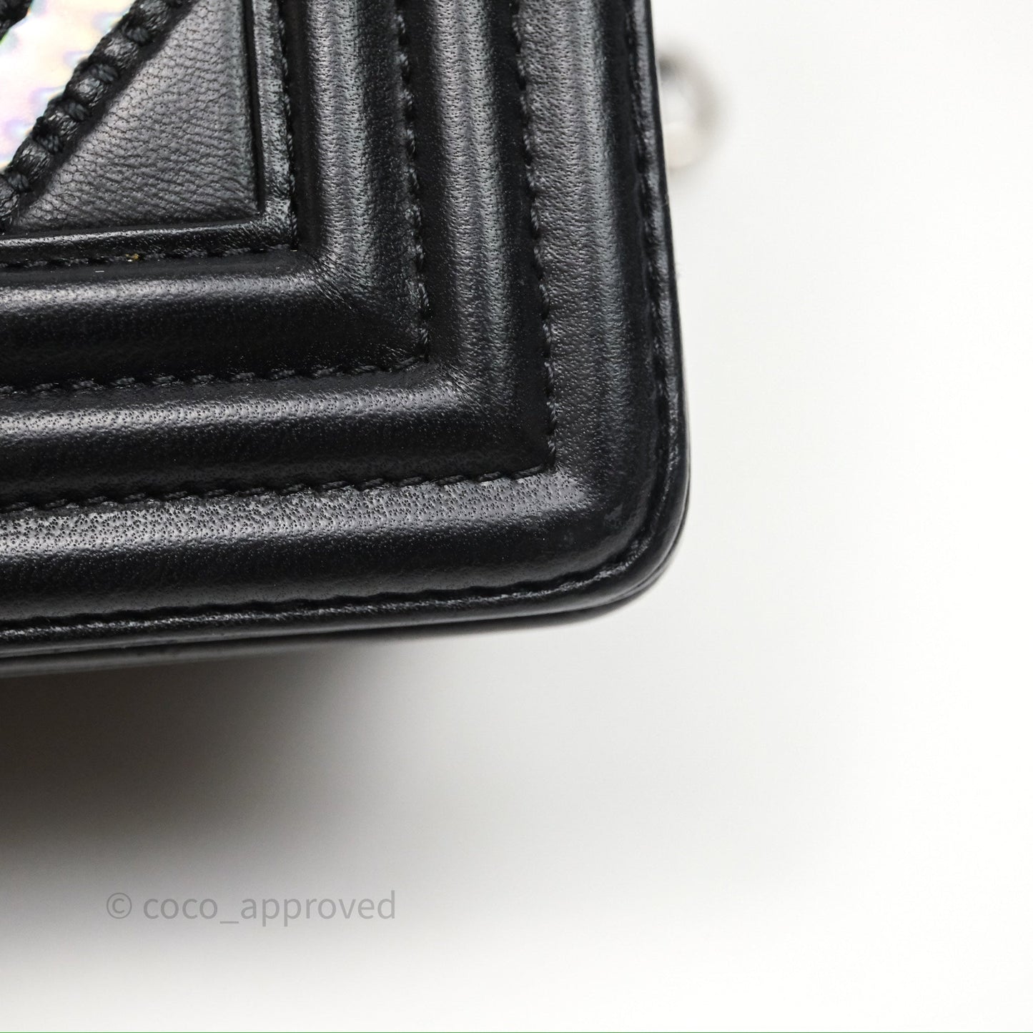 Chanel Medium Boy Chevron Iridescent PVC Lambskin Black Silver Hardware