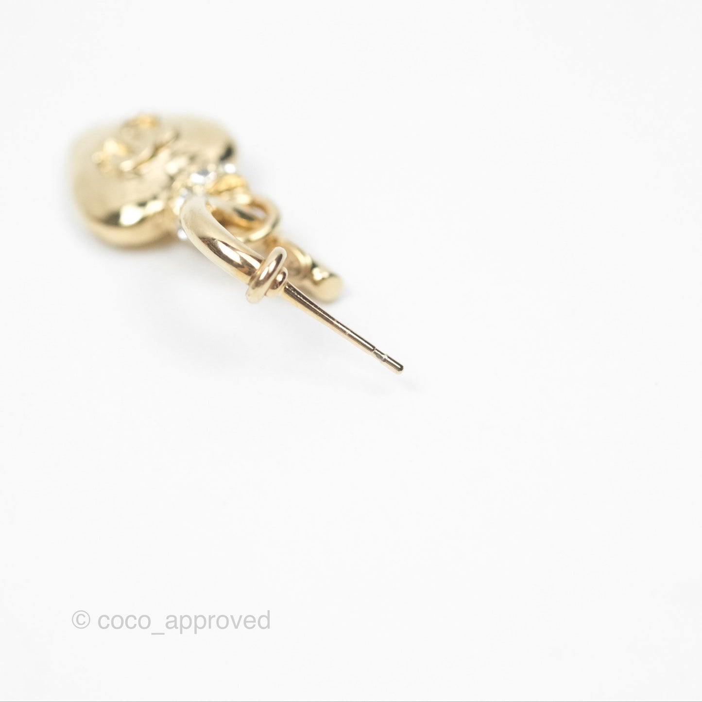 Chanel Heart CC Crystal Drop Hoop Earrings Gold Tone 24P