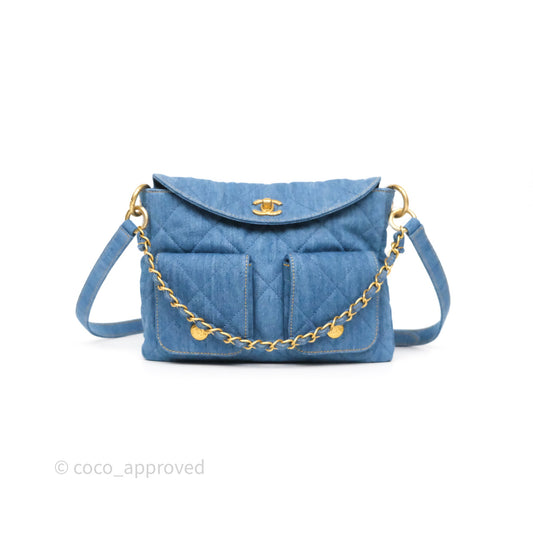 Chanel Double Pocket Hobo Bag Blue Denim Aged Gold Hardware