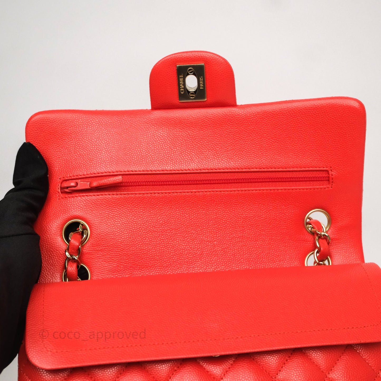 Chanel Small Classic Flap Quilted Red Orange Caviar Gold Hardware