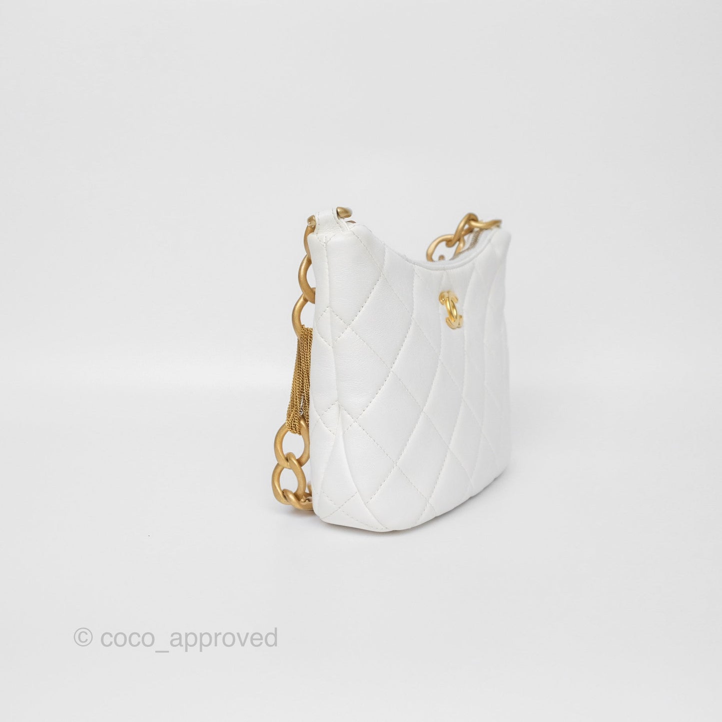 Chanel Chain Hobo Bag Quilted White Lambskin Aged Gold Hardware 23A