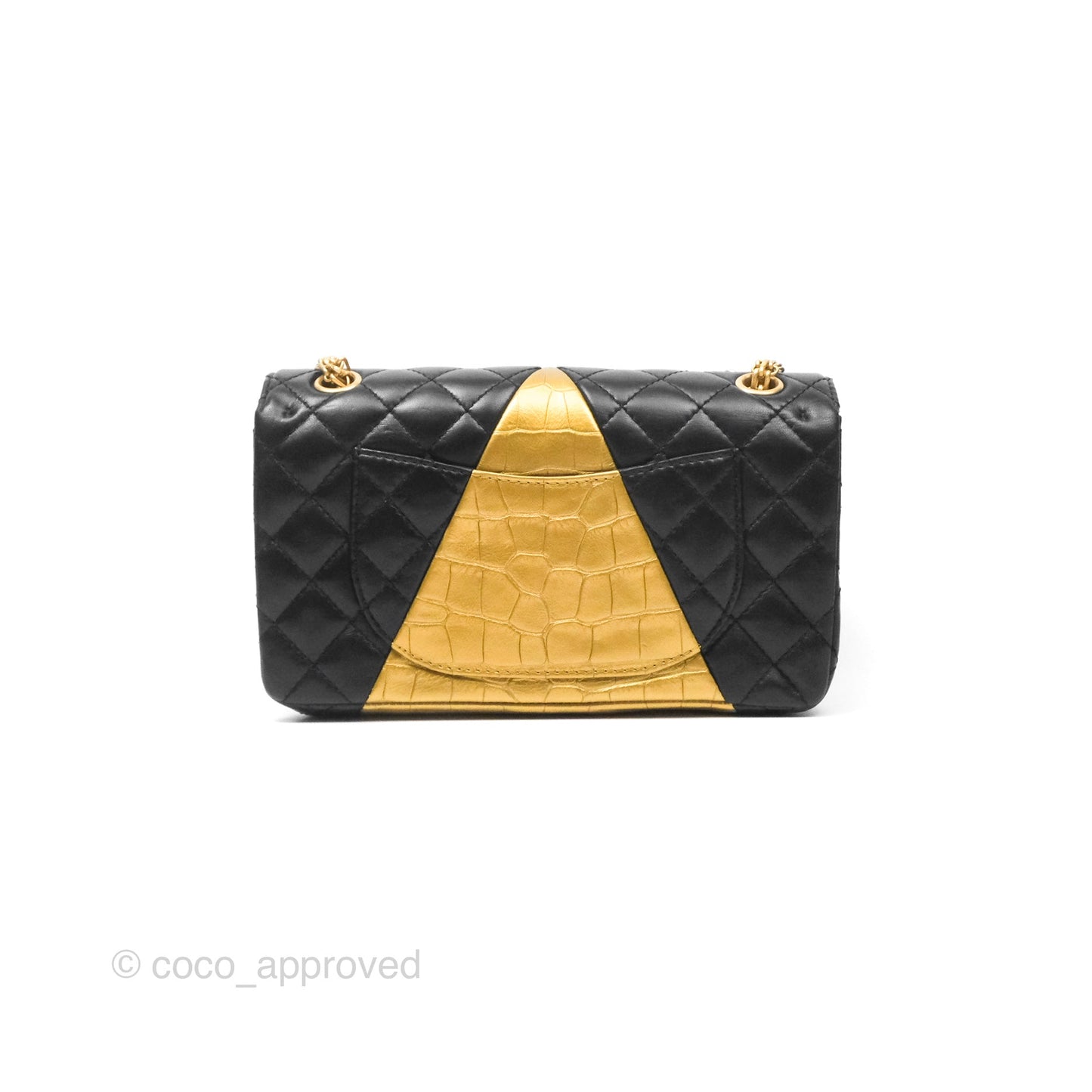 Chanel Reissue 2.55 Metallic Gold Crocodile Embossed Calfskin And Black Quilted Lambskin Aged Gold Hardware