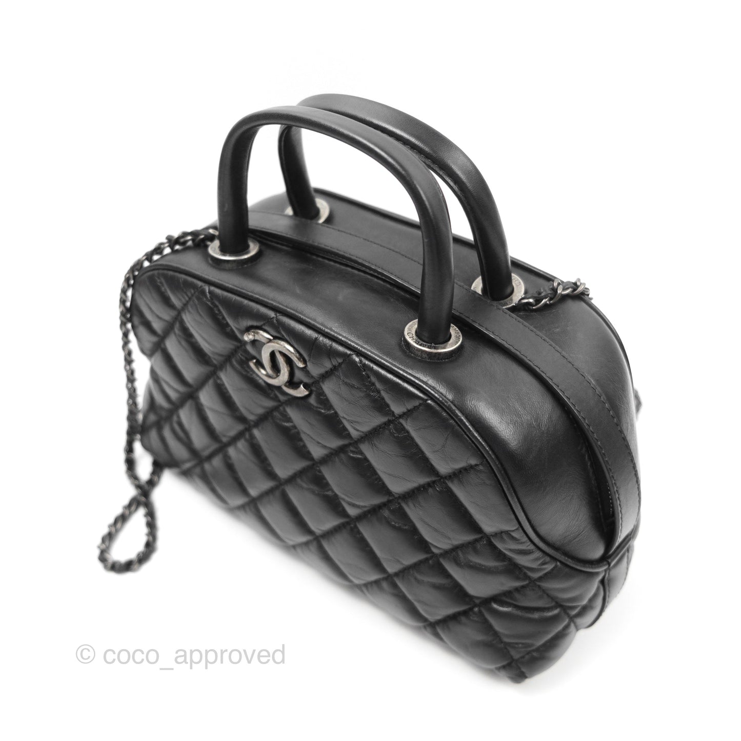 Chanel Quilted Small Handle Bowling Bag Black Aged Calfskin Ruthenium Hardware