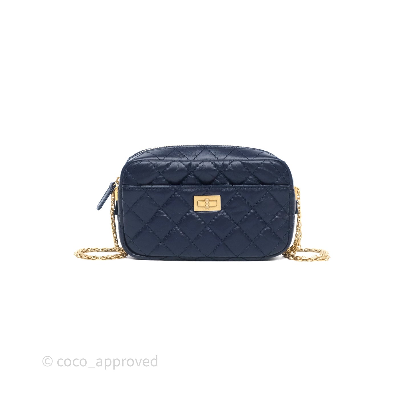 Chanel Quilted Mini Reissue Camera Case Navy Aged Calfskin Aged Gold Hardware