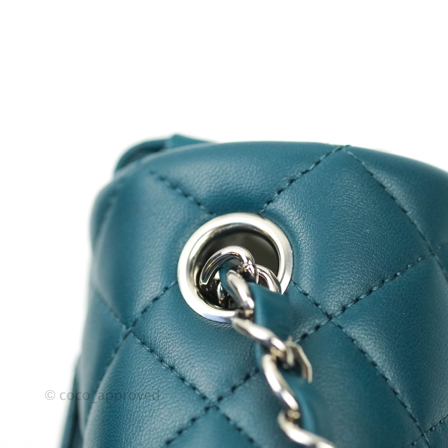Chanel Quilted Mini Rectangular Lambskin Flap Bag Teal Silver Hardware