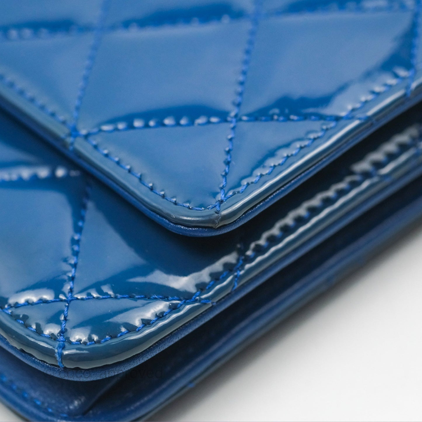 Chanel Quilted Classic Wallet on Chain WOC Blue Patent Silver Hardware