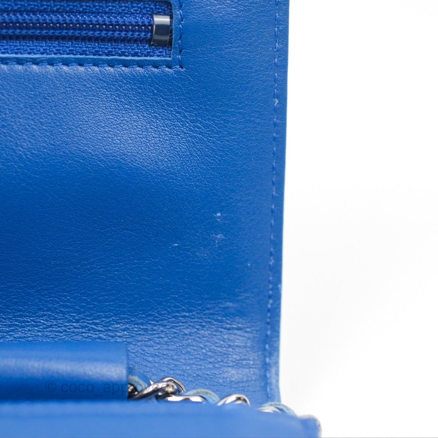 Chanel Quilted Classic Wallet on Chain WOC Blue Patent Silver Hardware