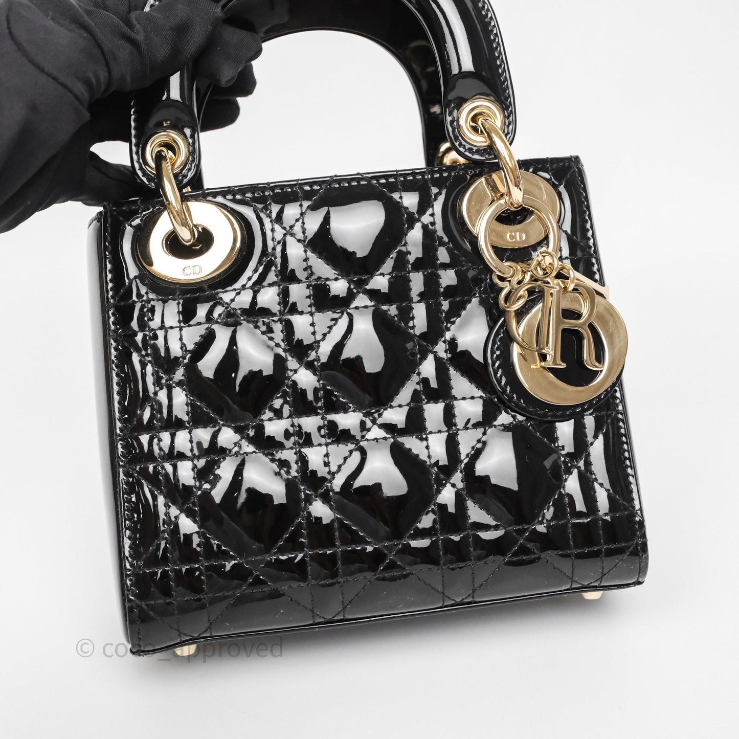 Christian Dior Mini Lady Dior Black Cannage Patent Gold Hardware