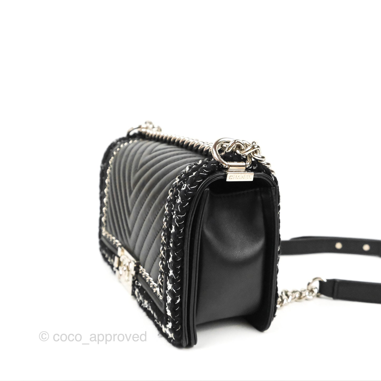 Chanel Chevron Braid Around Chain Boy Black Calfskin Silver Hardware