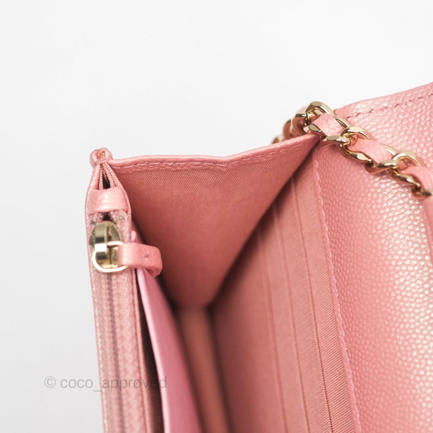 Chanel Classic Quilted Wallet on Chain WOC Iridescent Pink Caviar Gold Hardware