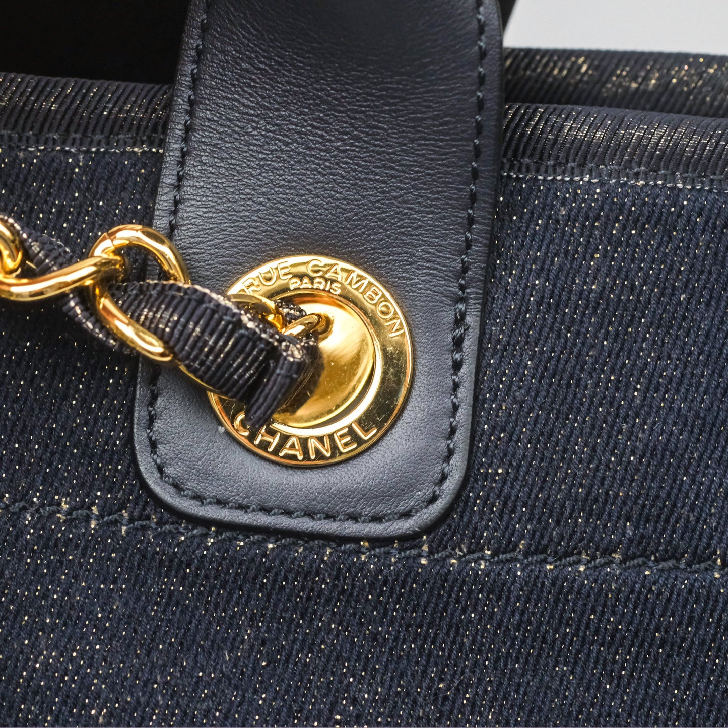 Chanel Large Deauville Navy Glitter Canvas Gold Hardware
