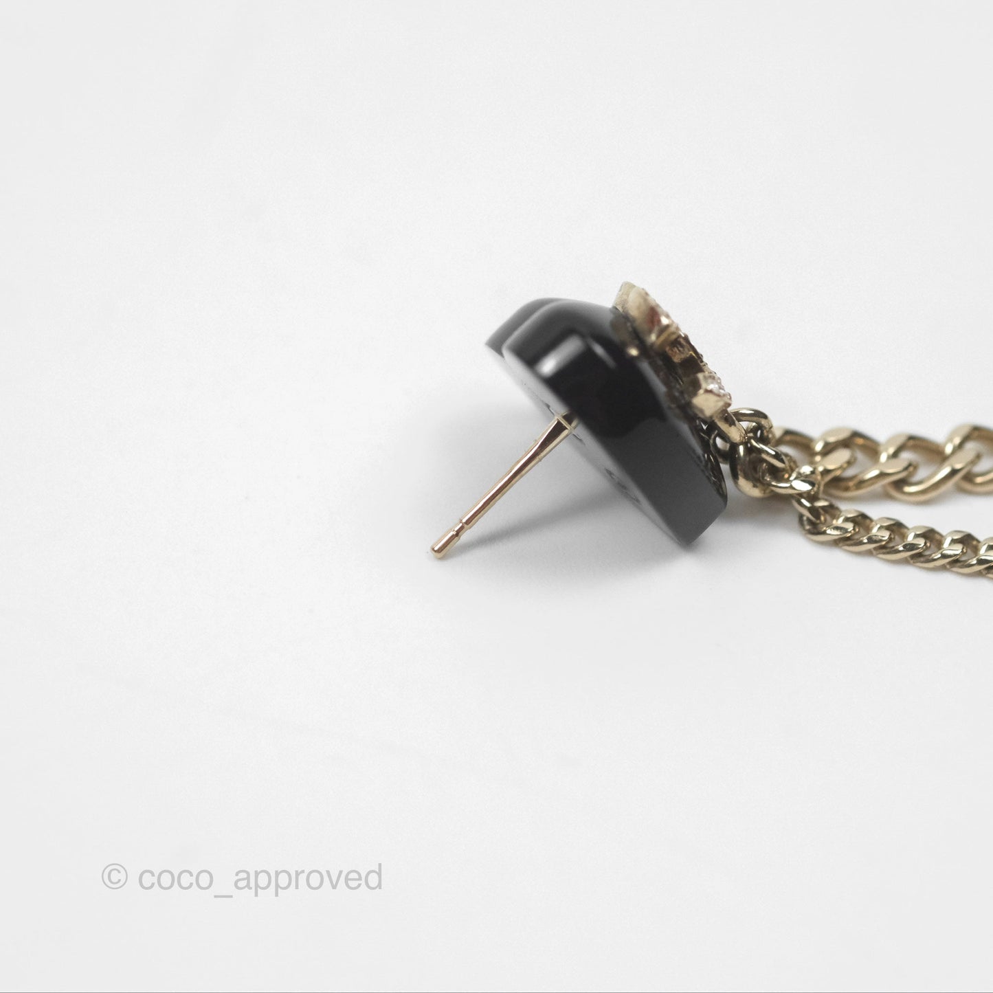 Chanel Crystal CC Black Heart Chain Drop Earrings Gold Tone 22B