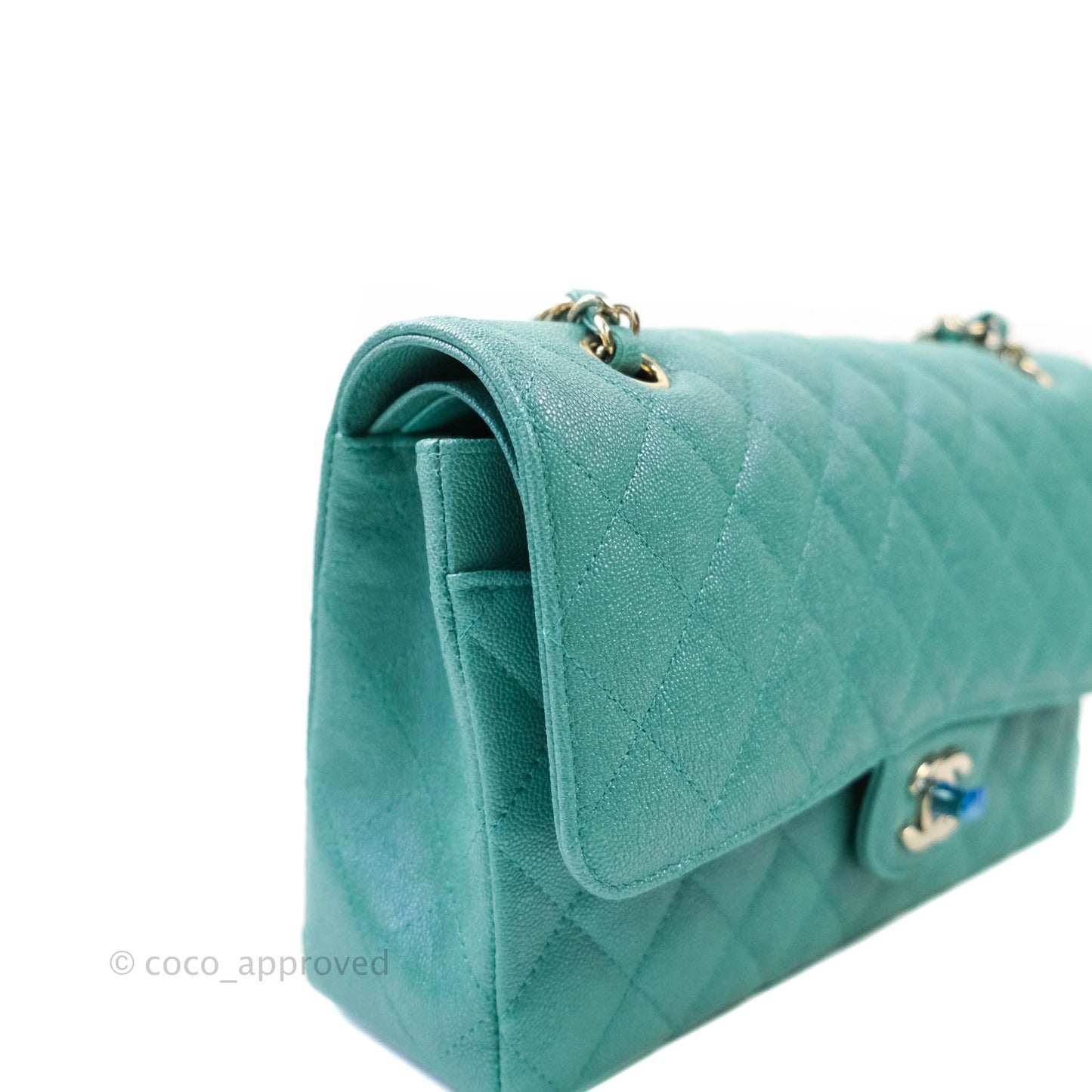 Chanel Classic M/L Medium Double Flap Iridescent Turquoise Caviar Gold Hardware 19S