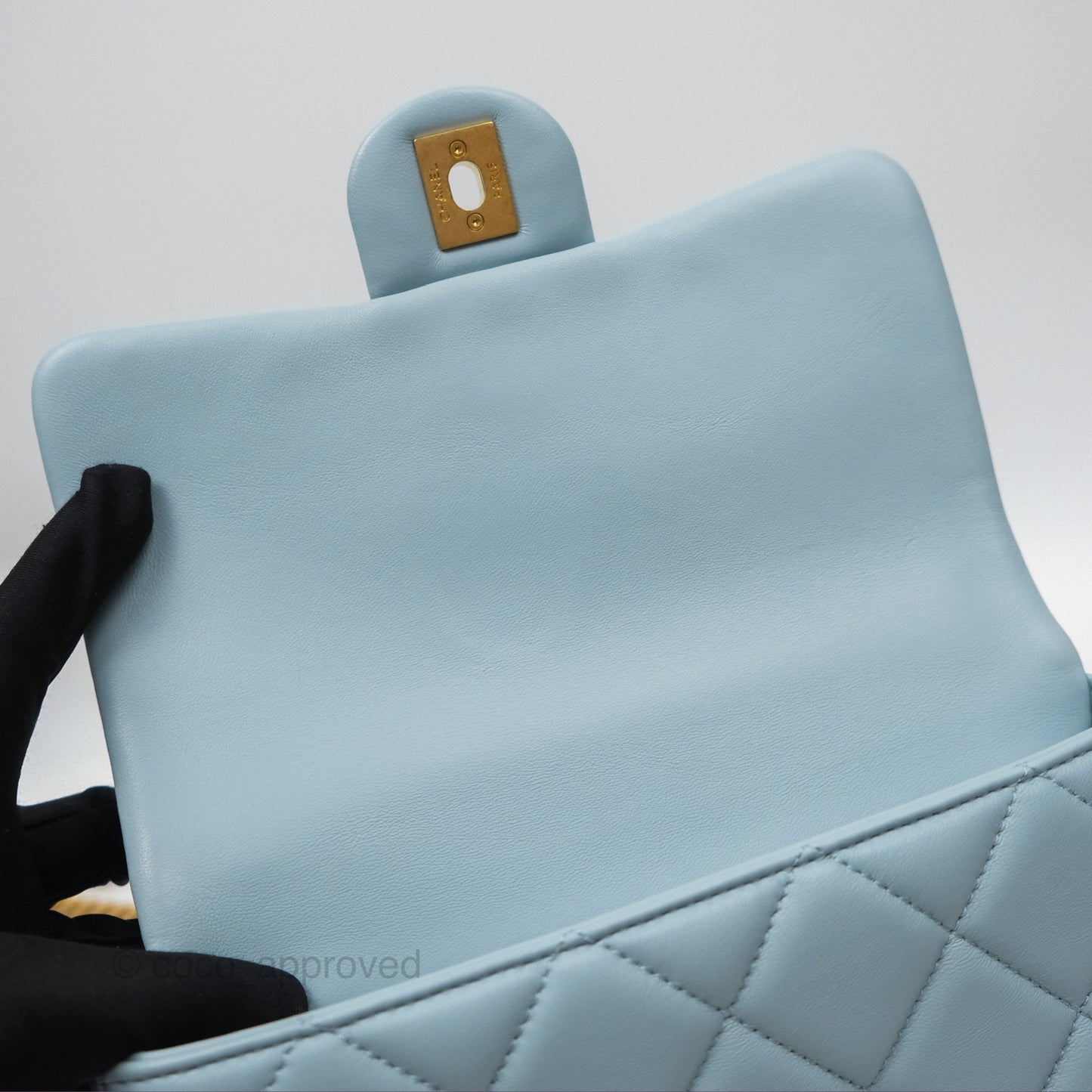 Chanel Quilted Enamel Pending CC Small Square Flap Baby Blue Lambskin 22P