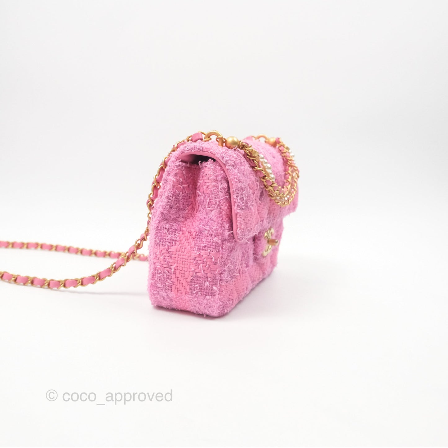 Chanel Mini Flap Bag with Pearl Chain Pink Tweed Aged Gold Hardware