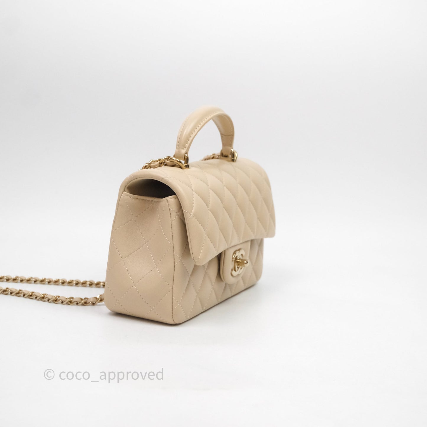 Chanel Top Handle Mini Rectangular Flap Beige Lambskin Shiny Gold Hardware