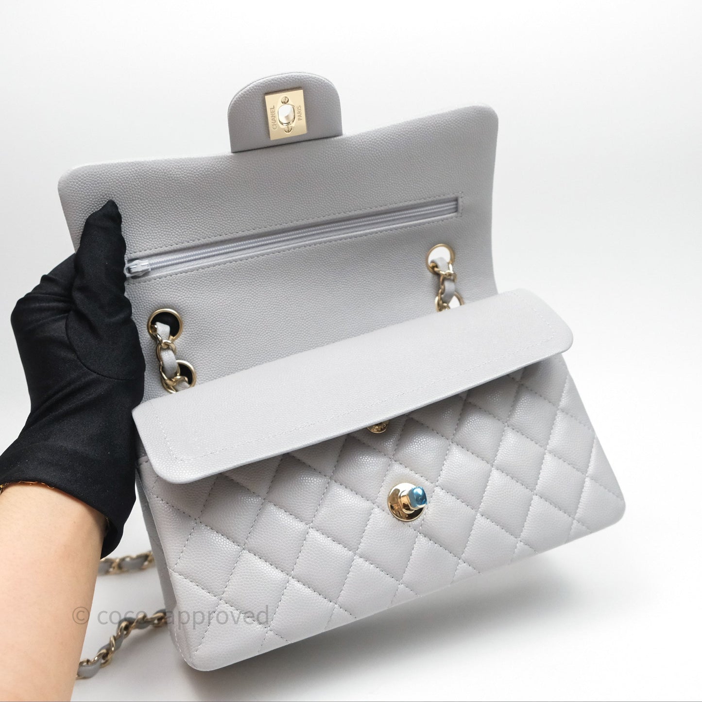 Chanel Small Classic Flap Quilted Grey Caviar Gold Hardware 21A