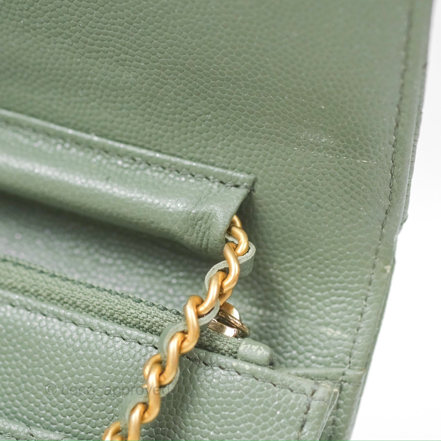 Chanel Classic Quilted Wallet On Chain WOC Glitter Dark Tiffany Green Caviar Aged Gold Hardware