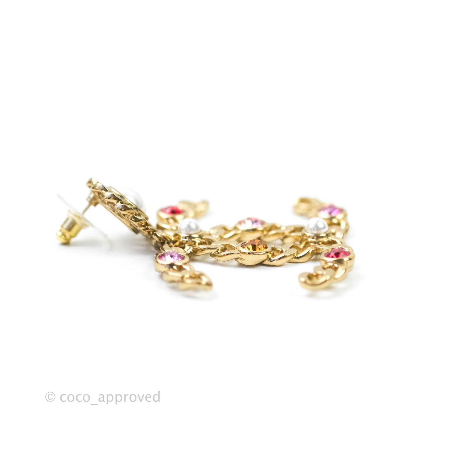 Chanel CC Drop Pearl Crystal Earrings Gold Tone 21P