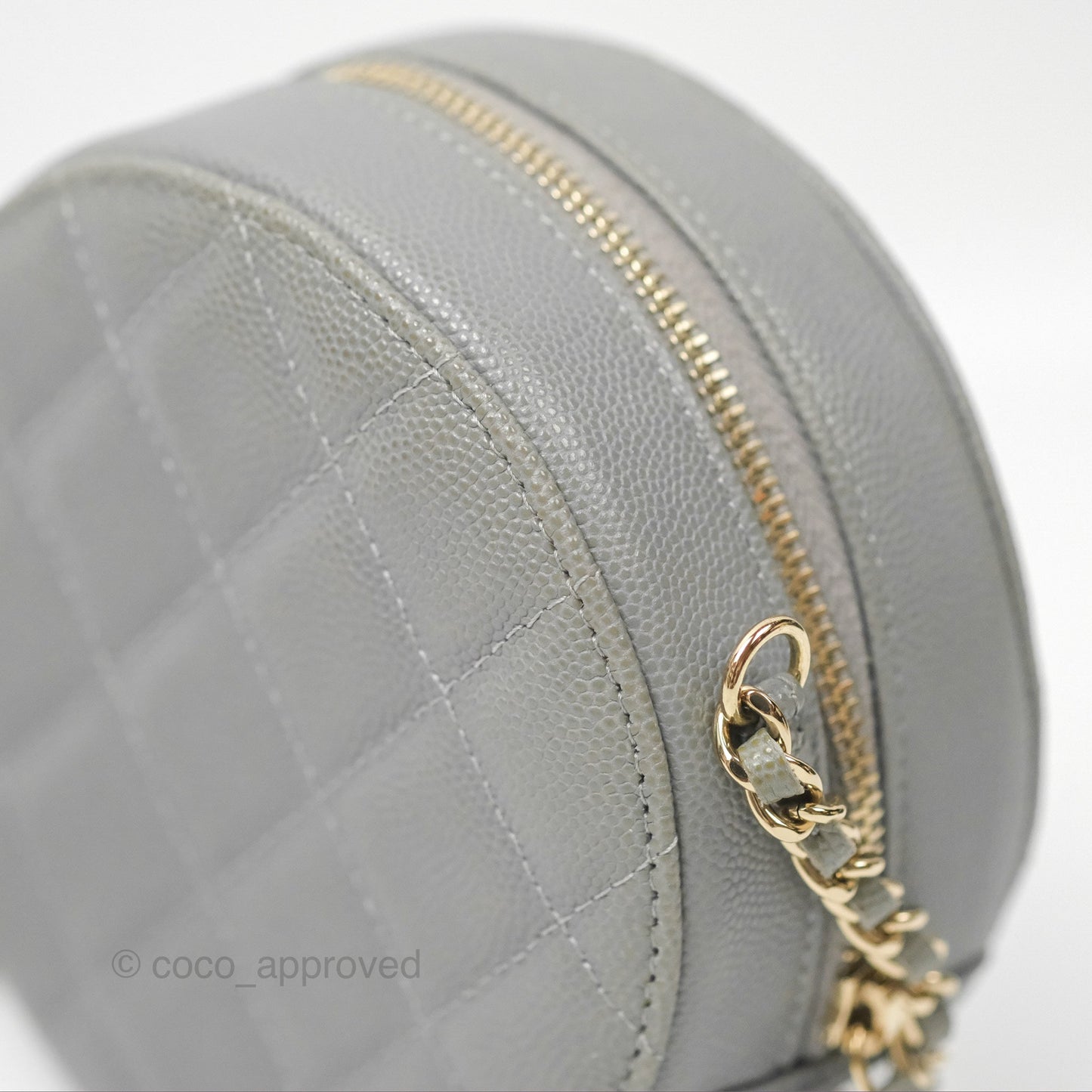 Chanel Classic Quilted Round Clutch With Chain Grey Caviar Gold Hardware
