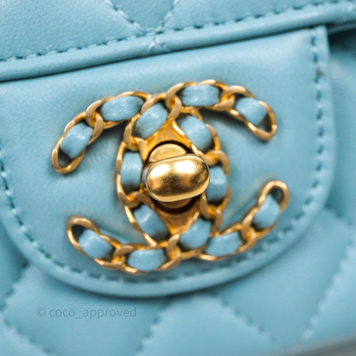 Chanel Flap Bag with Crystal Logo Top Handle Tiffany Blue Lambskin Aged Gold Hardware