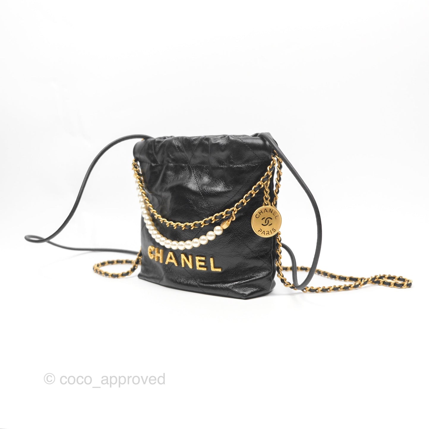 Chanel 22 Quilted Logo Mini Bag with Pearl Chain Black Shiny Crumpled Calfskin