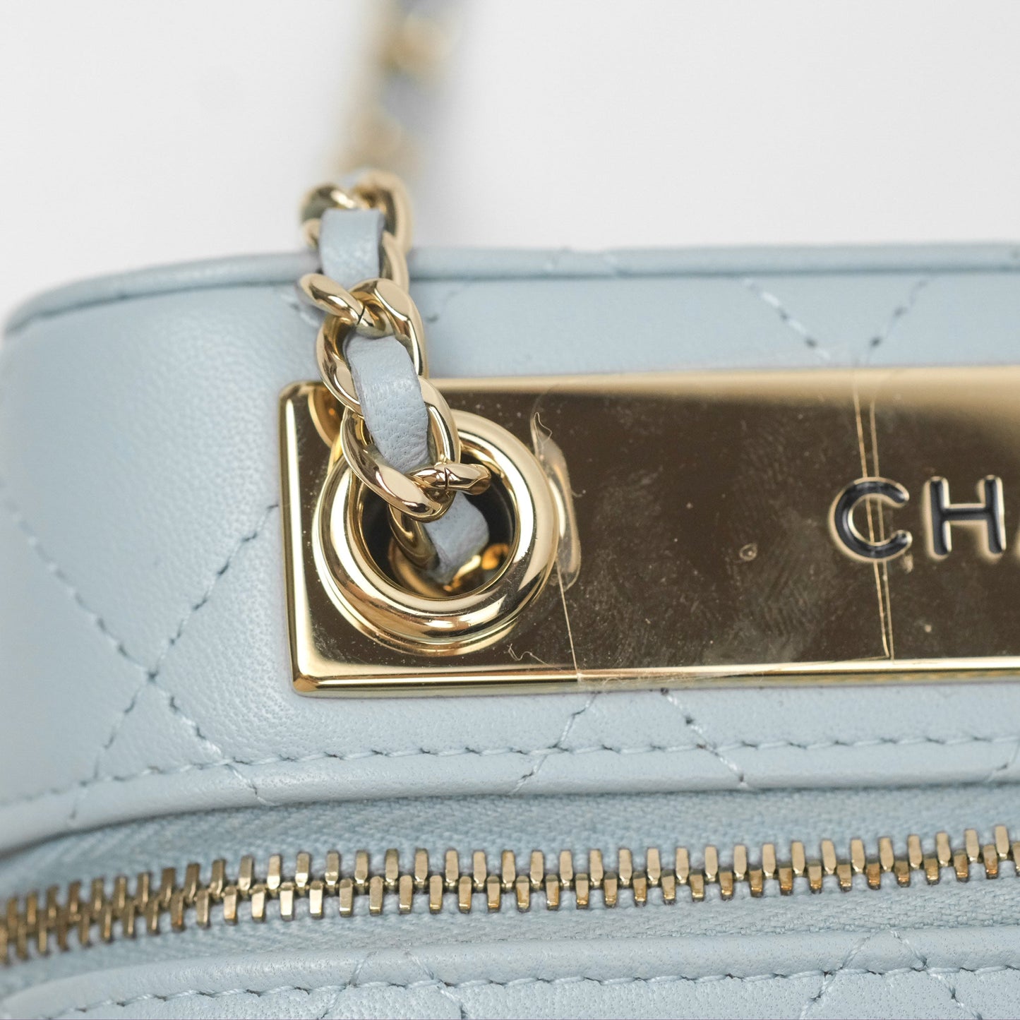 Chanel Mini Quilted Vanity Camera Case Light Blue Lambskin Gold Hardware