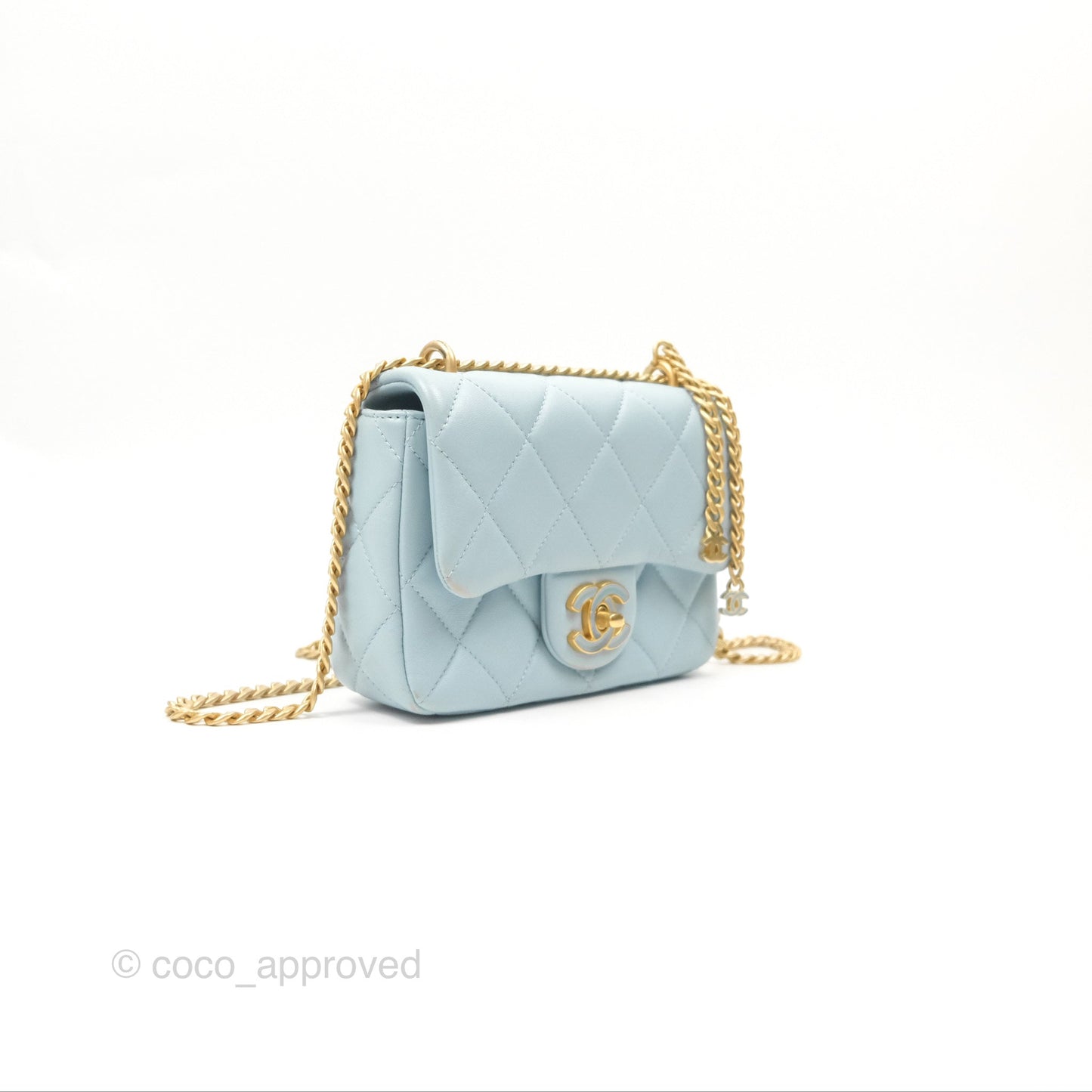 Chanel Quilted Enamel Pending CC Mini Square Flap Baby Blue Lambskin 22P