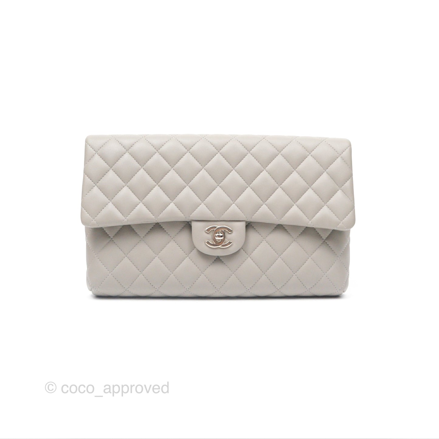 Chanel Classic Flap Clutch Quilted Light Grey Lambskin Silver Hardware