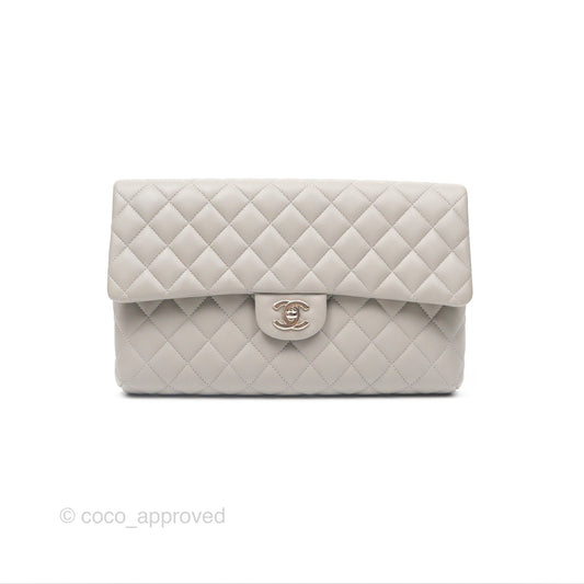 Chanel Classic Flap Clutch Quilted Light Grey Lambskin Silver Hardware