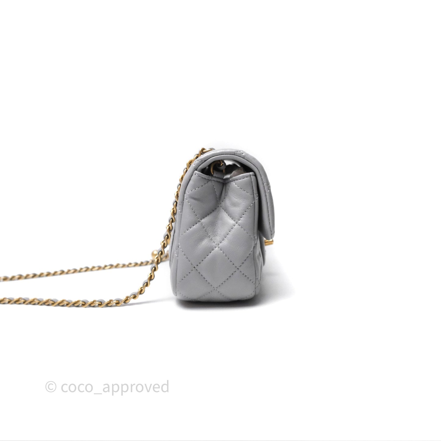 Chanel Pearl Crush Mini Rectangular Quilted Grey Lambskin Aged Gold Hardware
