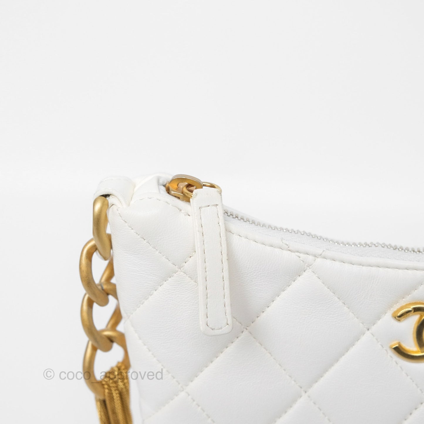 Chanel Chain Hobo Bag Quilted White Lambskin Aged Gold Hardware 23A