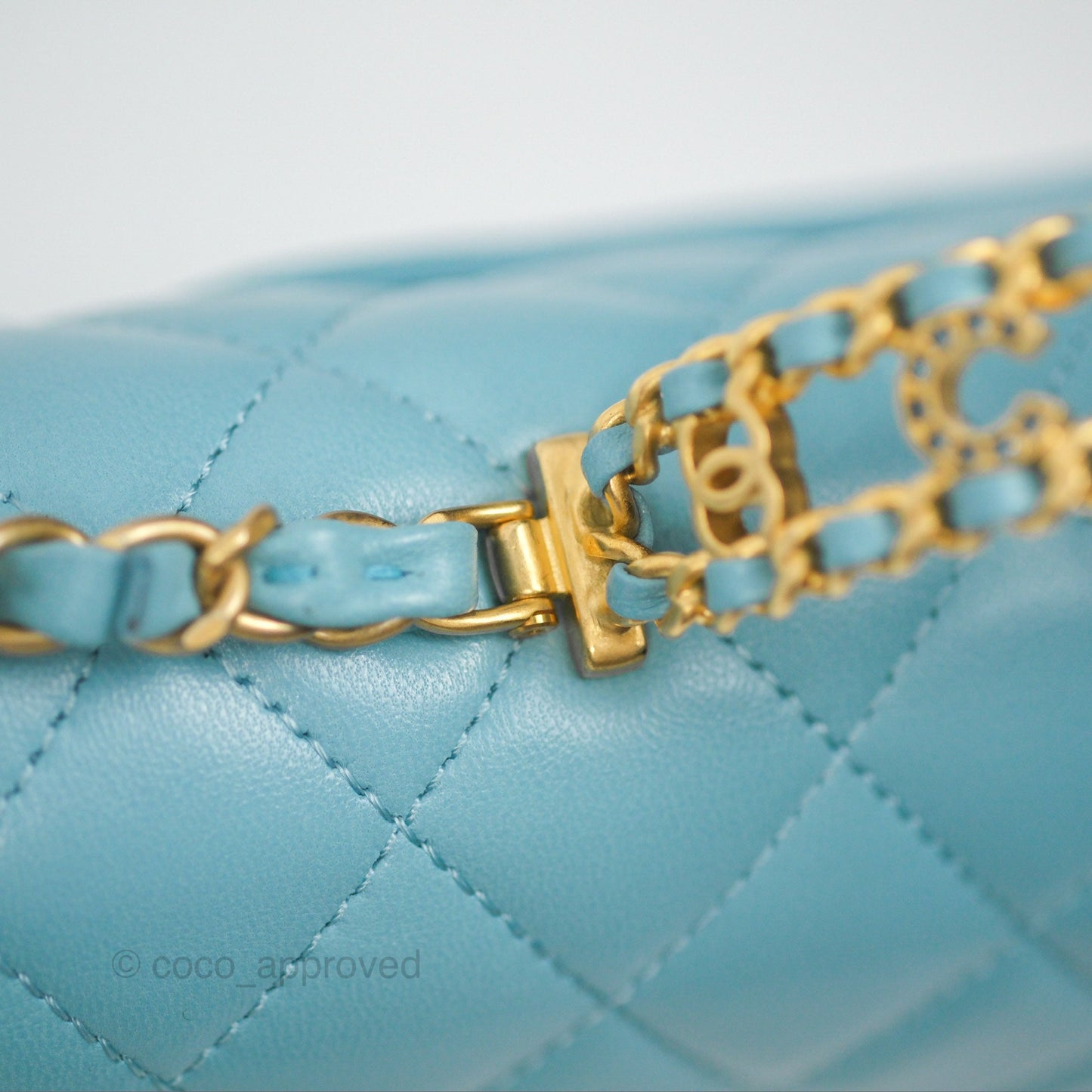 Chanel Flap Bag with Crystal Logo Top Handle Tiffany Blue Lambskin Aged Gold Hardware