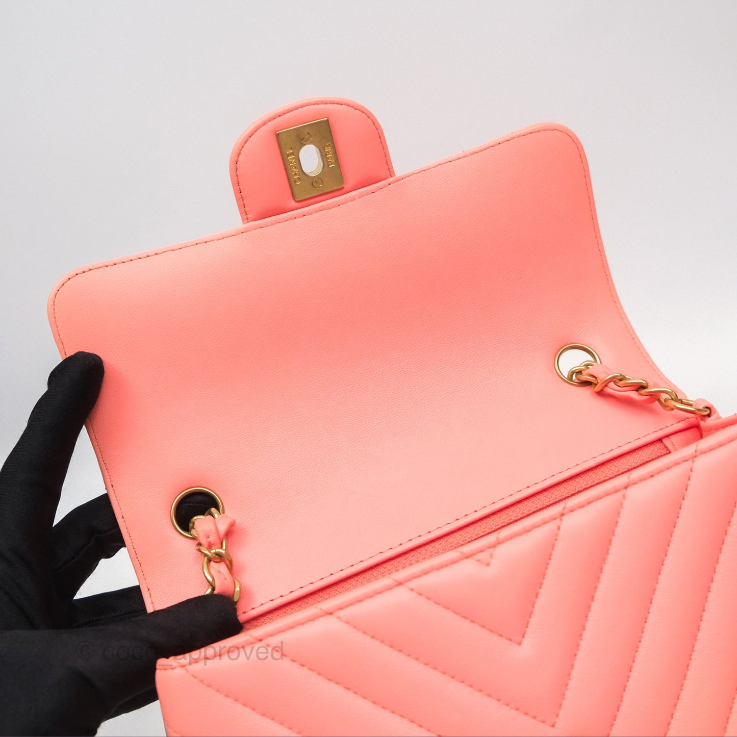 Chanel Chevron Mini Rectangular Flap Peach Pink Lambskin Aged Gold Hardware