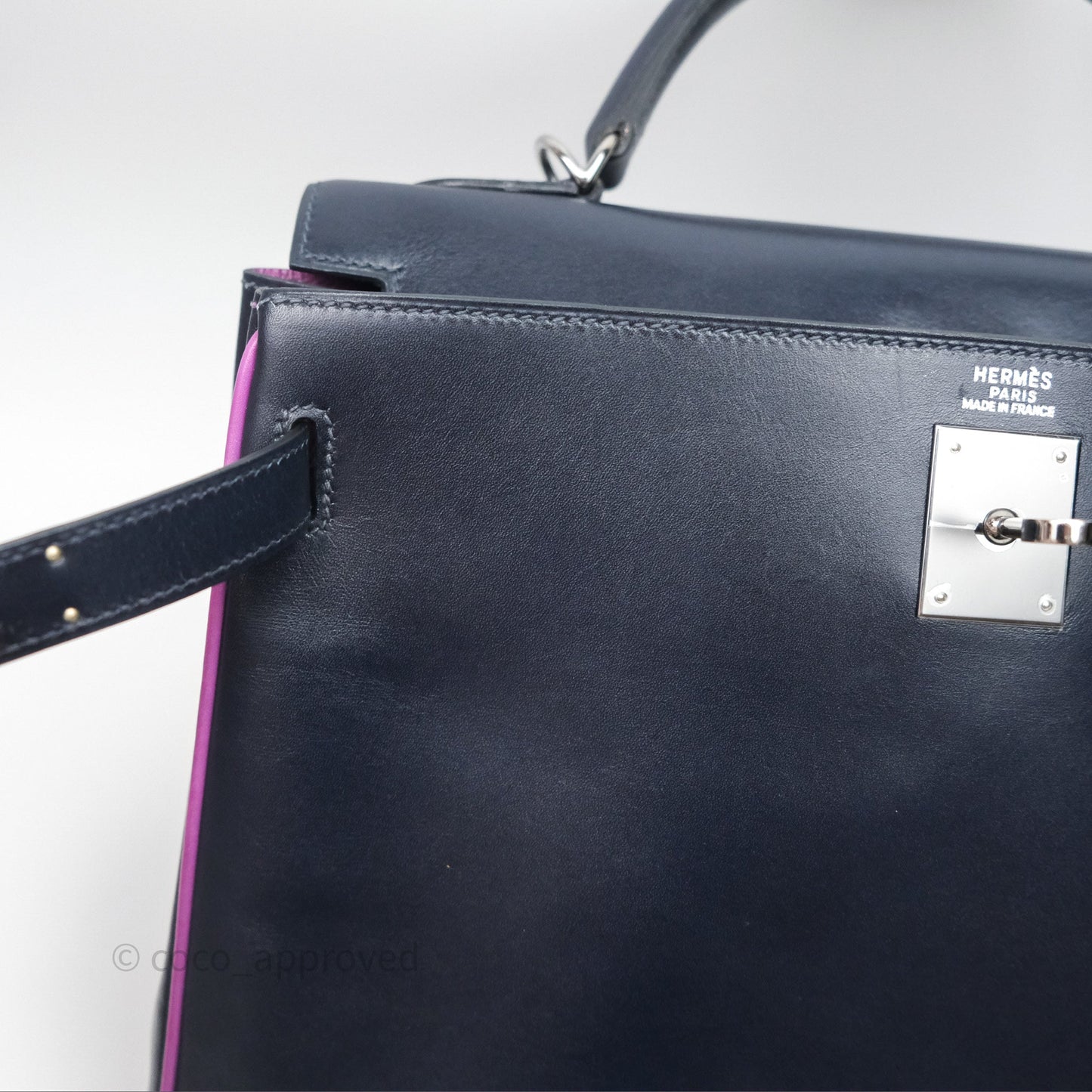 Hermès Vintage Kelly 32 Retourn Navy/Purple Box Leather Palladium Hardware