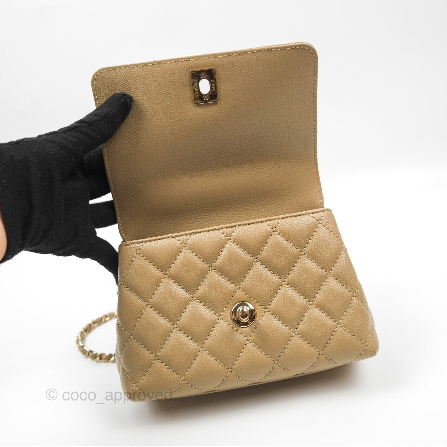 Chanel Mini Coco Handle Quilted Dark Beige Caviar Gold Hardware