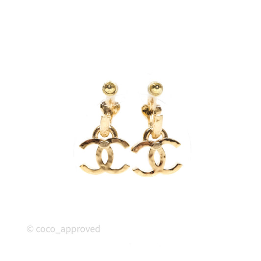 Chanel Heart Crystal CC Drop Hoop Earrings Gold Tone 23P