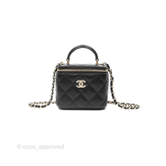 Chanel Mini Top Handle Vanity With Chain Black Lambskin Gold Hardware