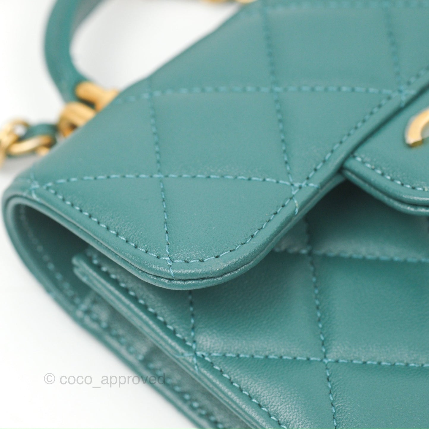 Chanel Mini Handle Flap Coin Purse With Chain Teal Green Lambskin Aged Gold Hardware