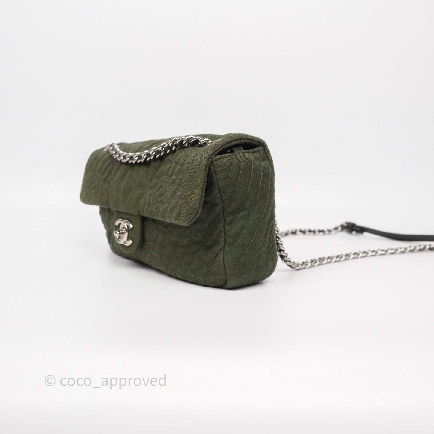 Chanel Camellia Flap Bag Army Green Denim Silver Hardware