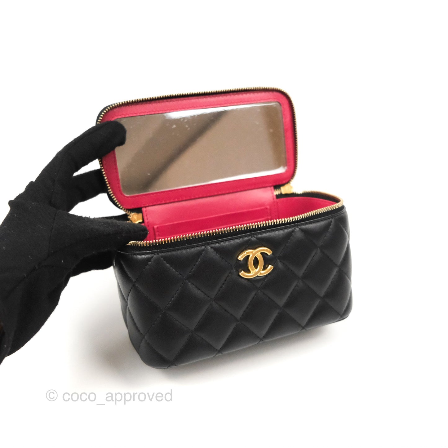 Chanel Quilted Vanity Rectangular with Camellia Adjustable Chain Black Lambskin 23S